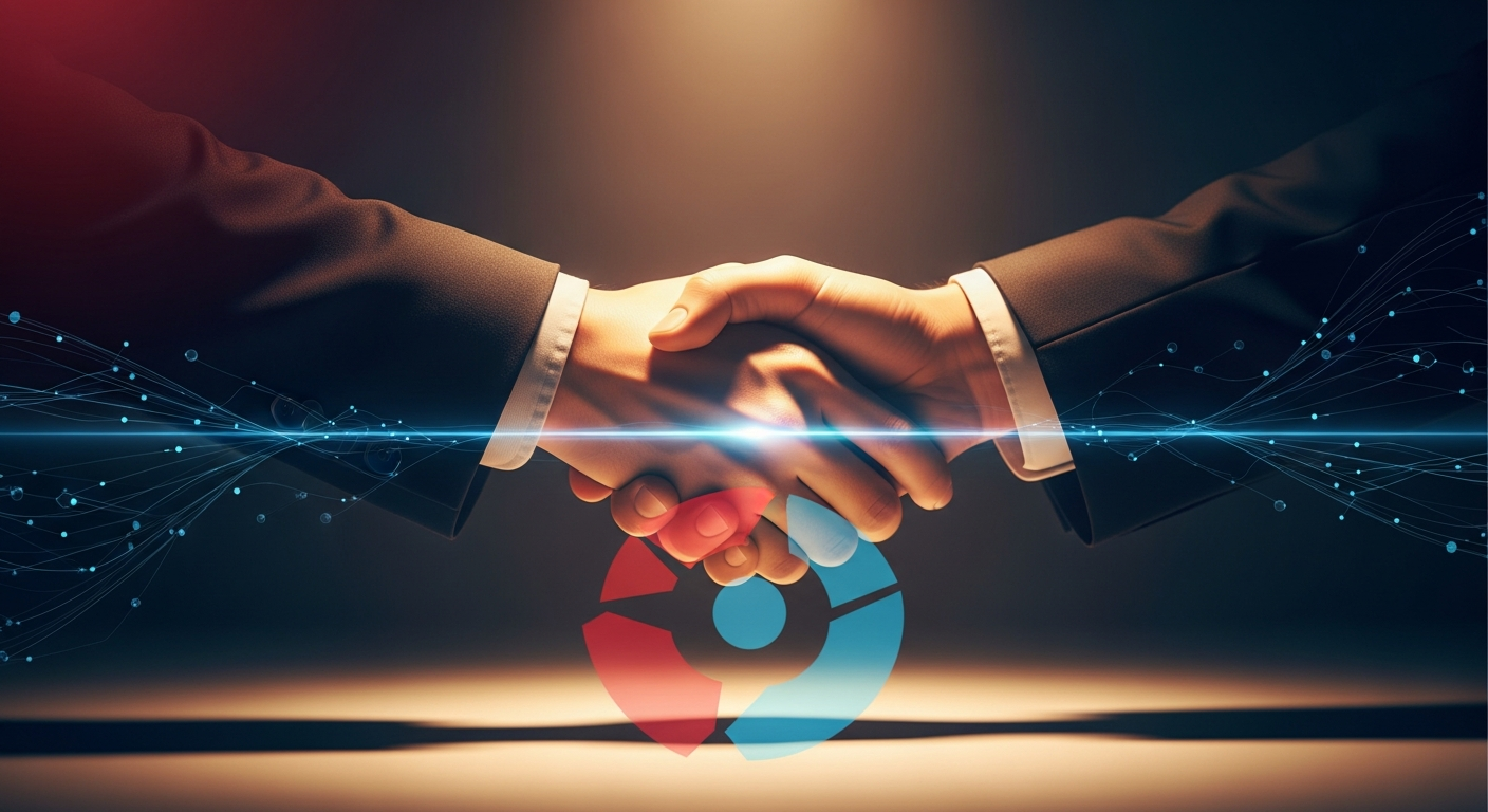 Illustration showing two hands shaking firmly in the foreground, symbolizing personal trust and connection, while a blurred corporate logo recedes into the background, representing the growing importance of individual credibility over institutional trust in business.
