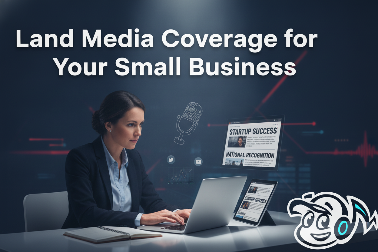 Small business founder successfully pitching journalists to gain media coverage, with a laptop and news headlines.