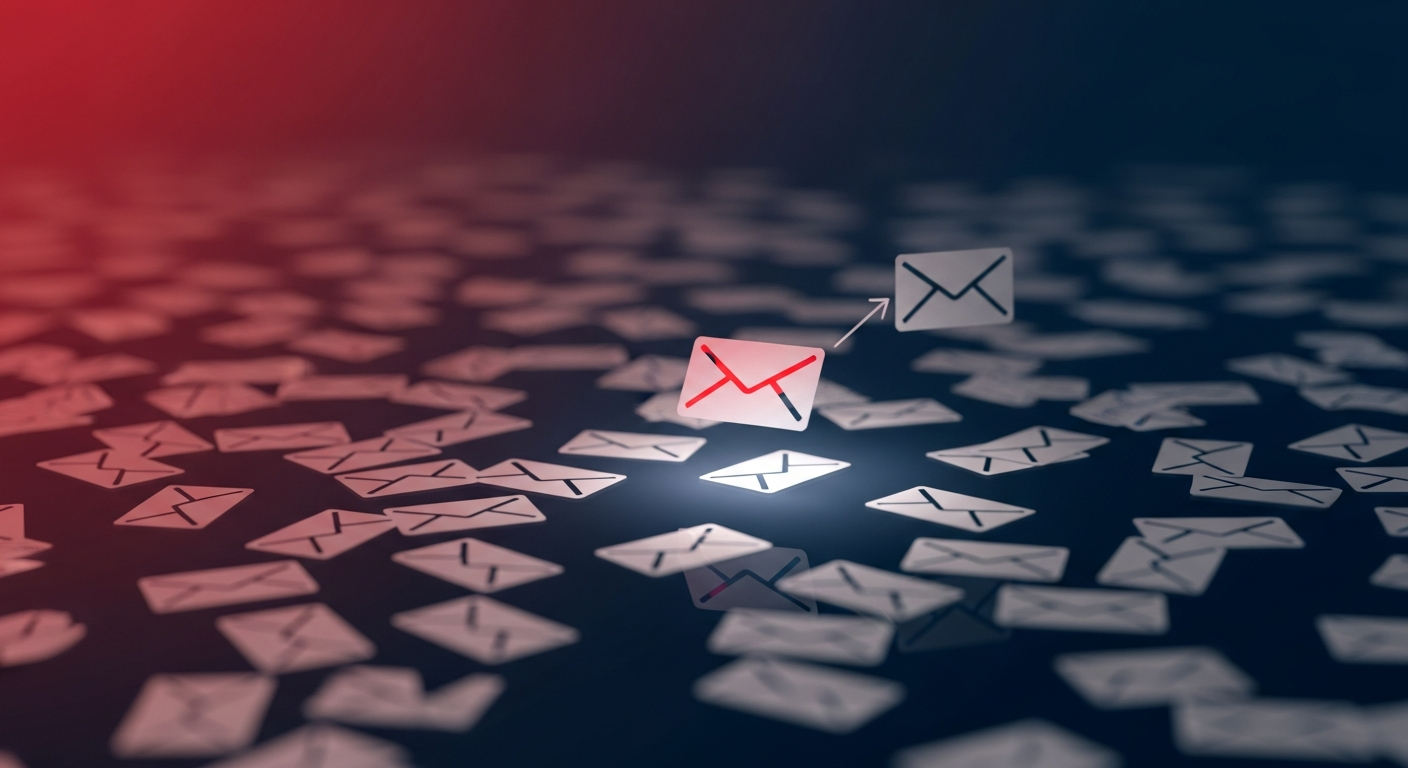 A single effective media pitch stands out in a journalist's overwhelmed email inbox, symbolizing successful outreach.