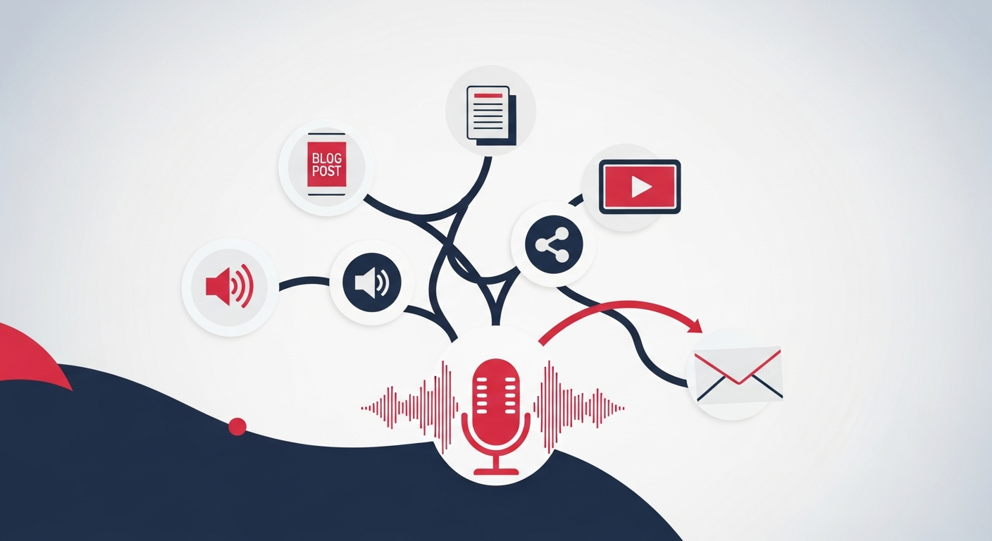 Illustration showing a podcast's content being repurposed across multiple platforms like blogs, social media, video, and email, highlighting strategies for wider audience reach.