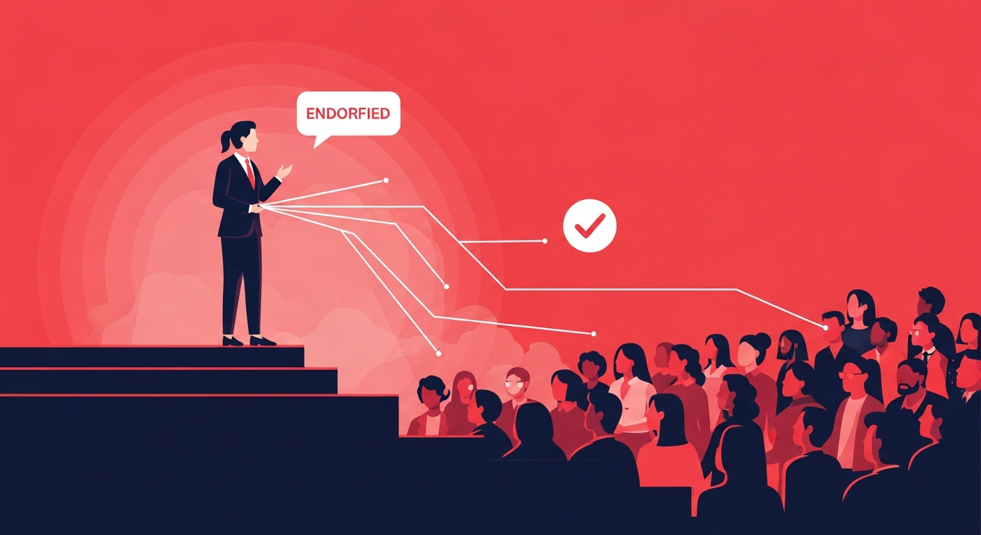Illustration of a thought leader on a platform, connecting with an audience, symbolizing the credibility and trust gained through podcast guesting.