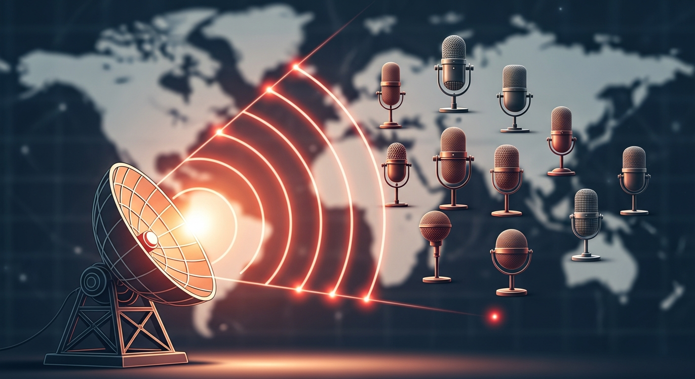 A radar dish targeting specific podcast microphones, illustrating the precision and effectiveness of niche podcast outreach for founders and consultants.