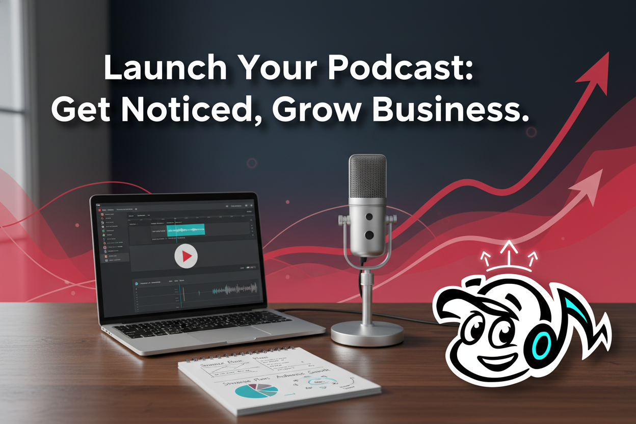 A professional desk setup with a high-quality podcast microphone, laptop displaying audio editing software, and notes on podcast launch strategy, symbolizing business growth and expert communication.