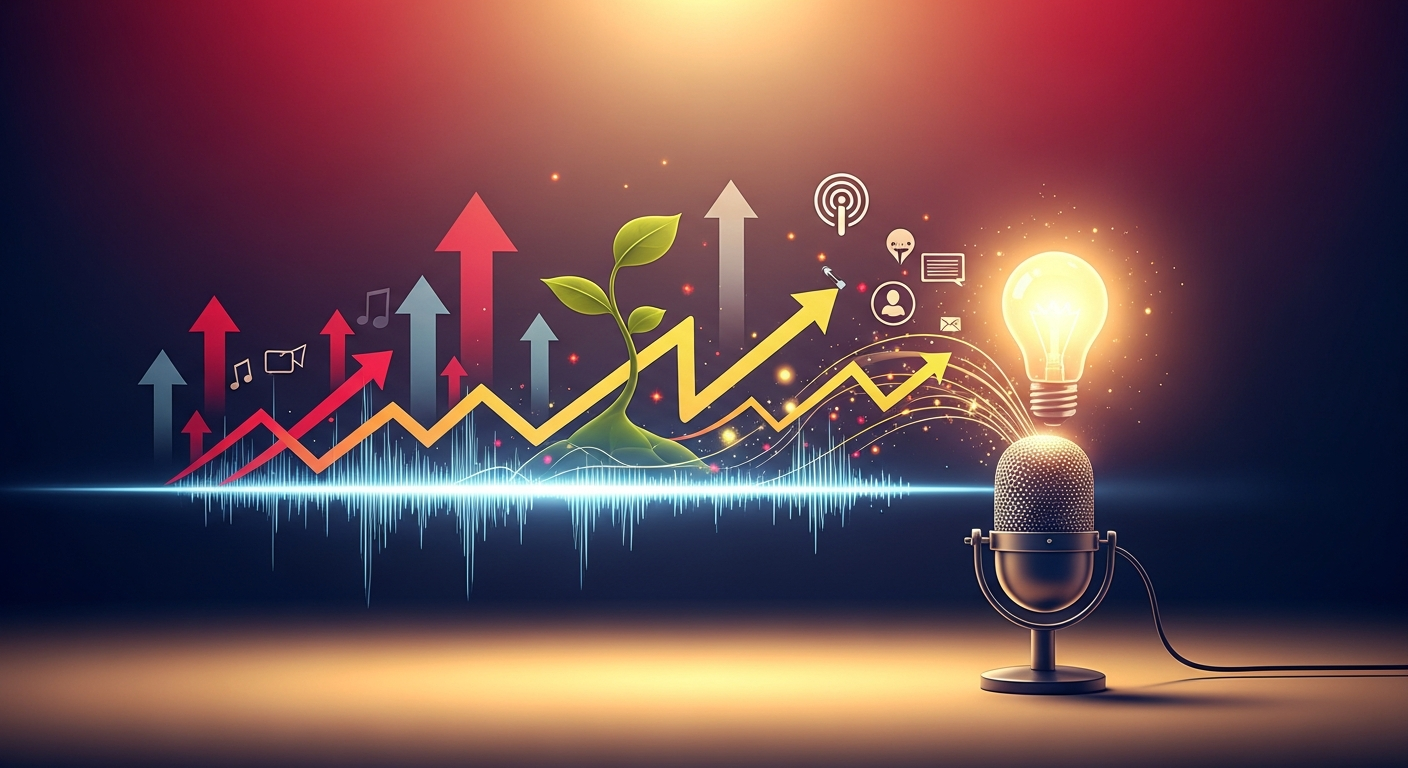 Abstract illustration showing sound waves emanating from a microphone, evolving into upward-trending graphs and a glowing lightbulb, representing a podcast's power to build business credibility and growth.