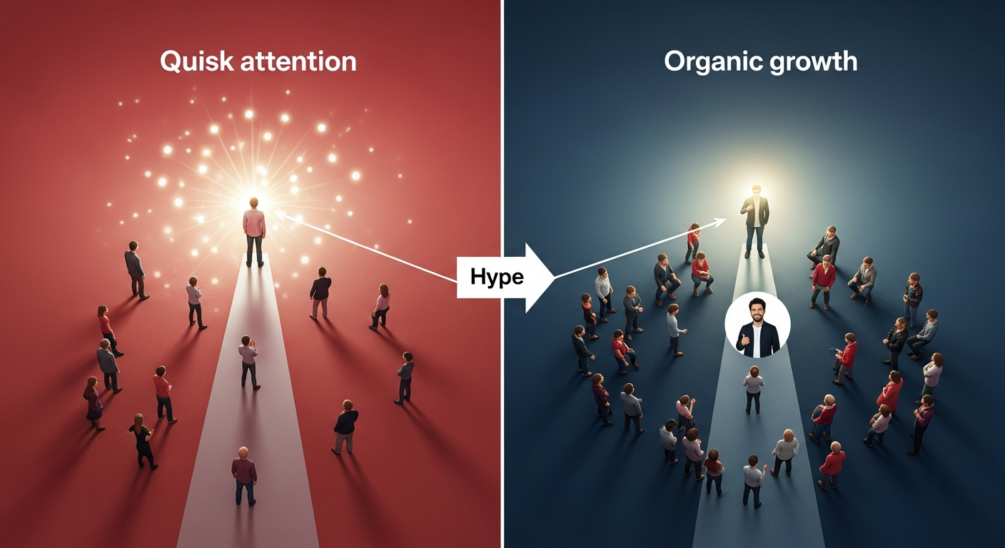 An illustration contrasting fleeting podcast attention from hype with the steady, engaged community built through organic podcast growth.