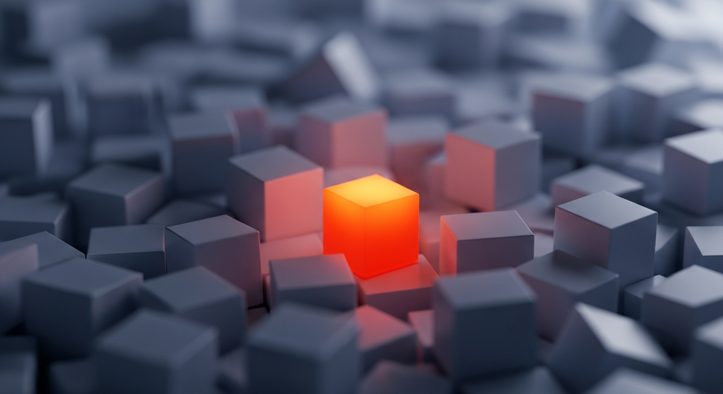 Abstract illustration showing a distinct, clear shape standing out from a blurred, crowded background, symbolizing differentiation and unique market positioning.