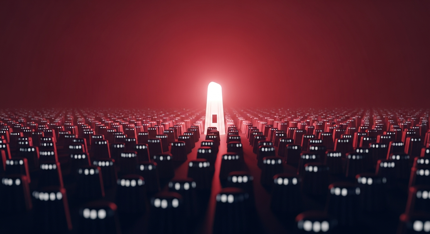 A unique, brightly glowing beacon standing out from a uniform sea of similar structures, symbolizing differentiated expertise in a crowded market.
