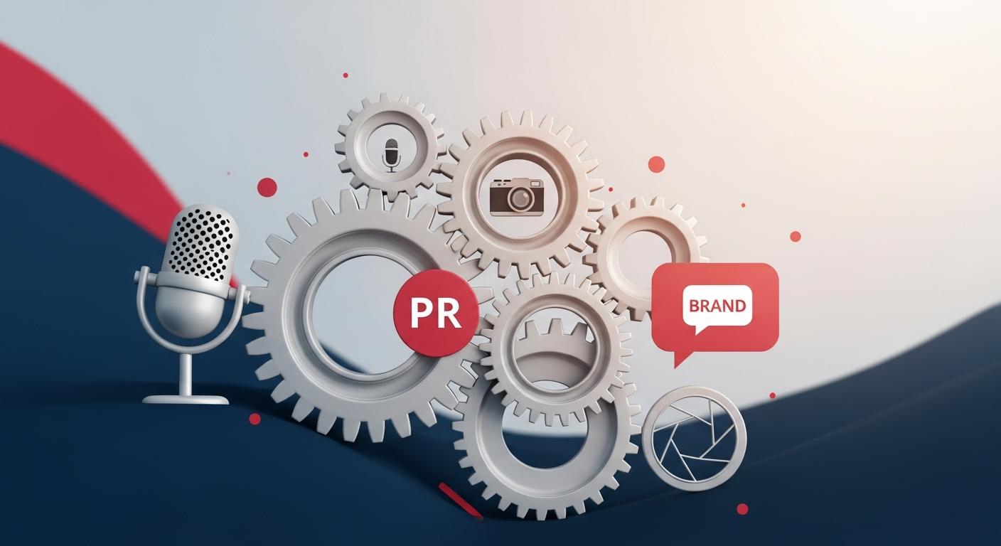 Interlocking gears symbolizing a well-executed PR strategy, with elements like a microphone and camera lens, representing effective media communication.