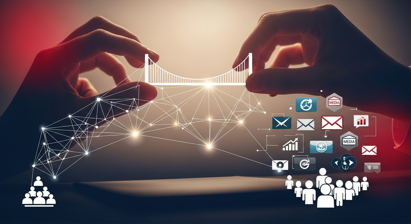 Conceptual illustration of hands building a bridge of trust and credibility, connecting a small business to media and audience.