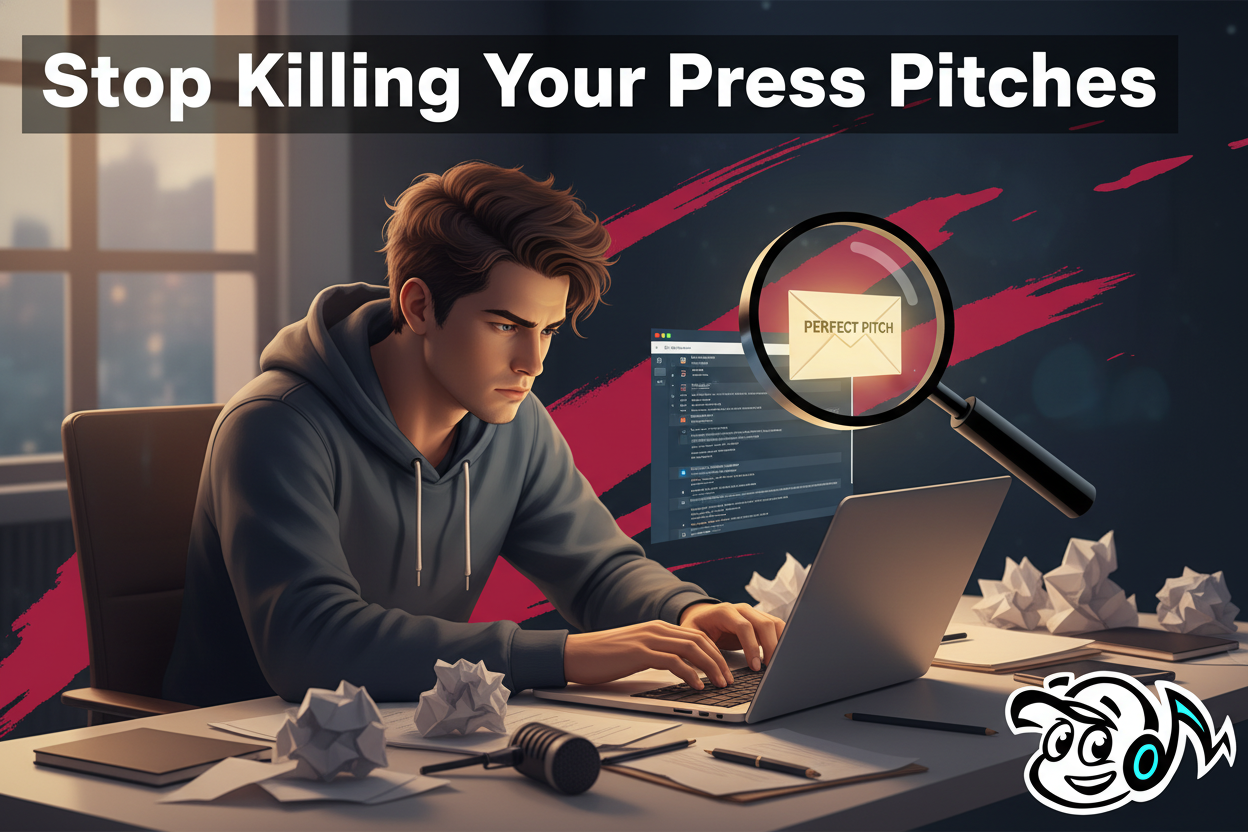 A person looking frustrated at a laptop screen, surrounded by crumpled papers, symbolizing common PR pitching mistakes and the challenge of getting a story noticed.