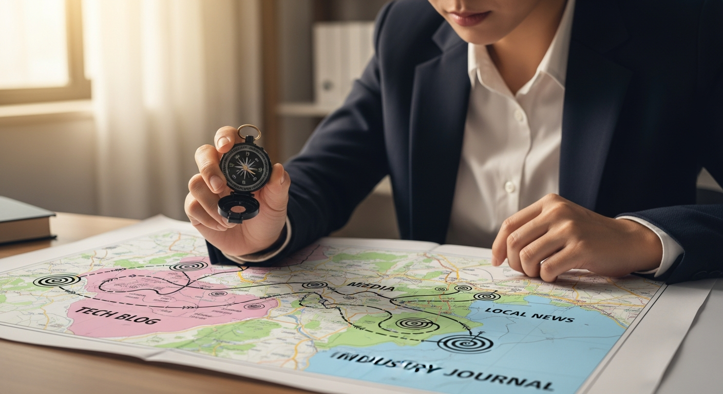 A person using a compass and map to navigate the complex media landscape, symbolizing the importance of understanding target outlets and journalists for effective PR pitching.