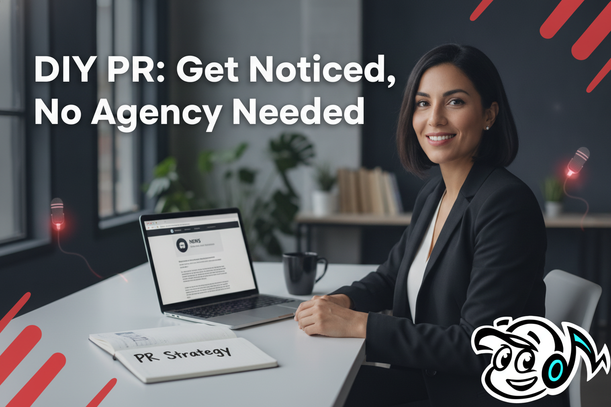 A smiling founder confidently working on their DIY PR strategy at a desk, with a laptop showing media coverage and a notebook titled 'PR Strategy'.