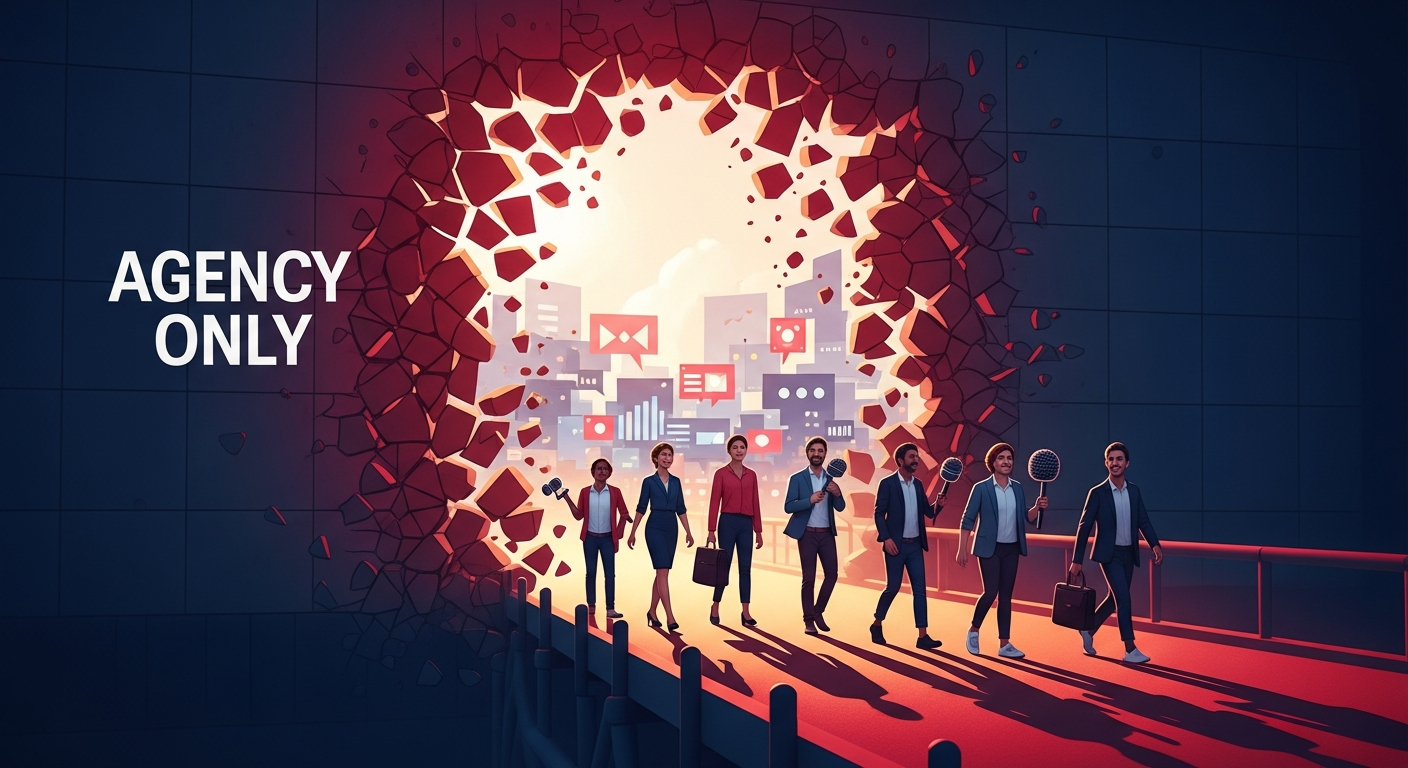 Illustration depicting small business owners bypassing a metaphorical 'agency-only' wall, walking on a newly accessible path towards media opportunities, symbolizing DIY PR.