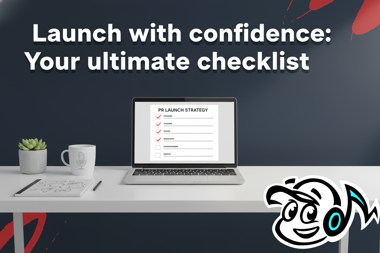 A product launch checklist on a laptop screen, surrounded by planning tools on a desk, symbolizing a strategic new product or service launch.