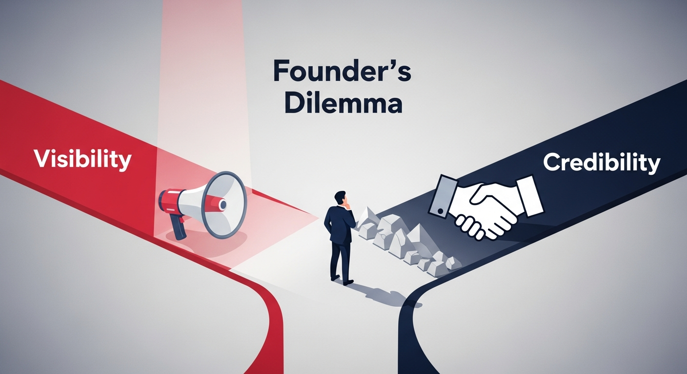 A visual representation of a founder's dilemma, choosing between the paths of visibility and credibility for a new product launch.