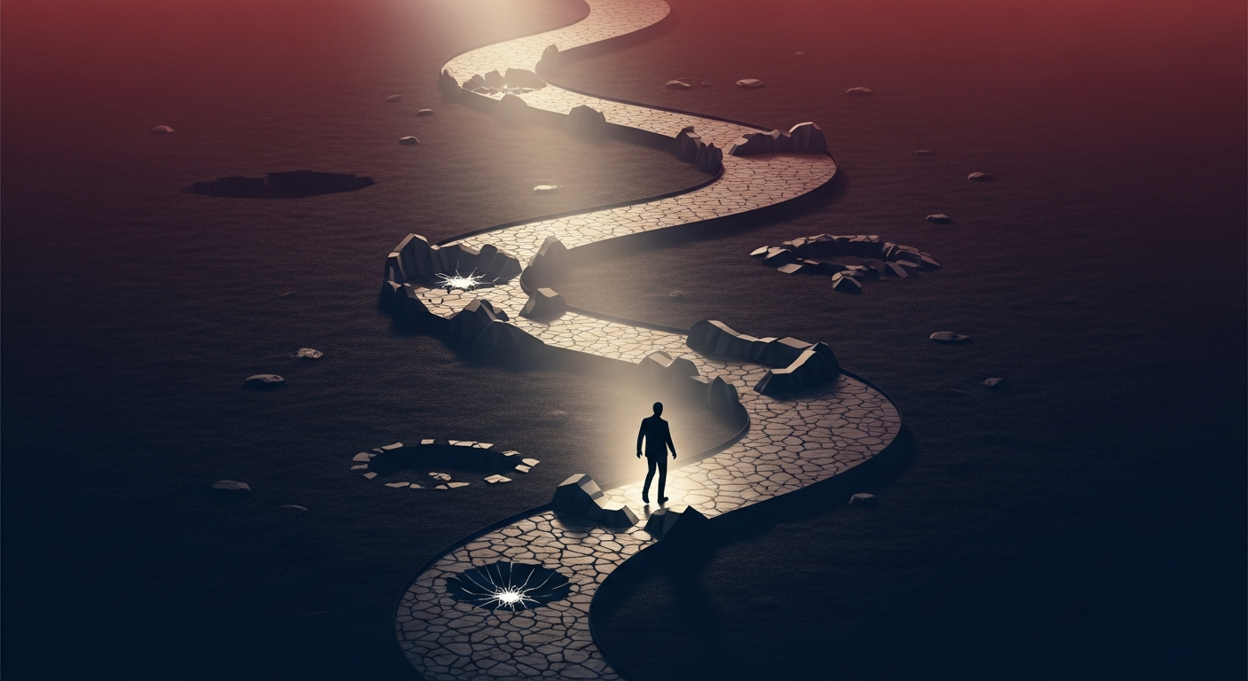 A person carefully walking on a winding path, avoiding obstacles, symbolizing the challenges and strategies in maintaining professional credibility.