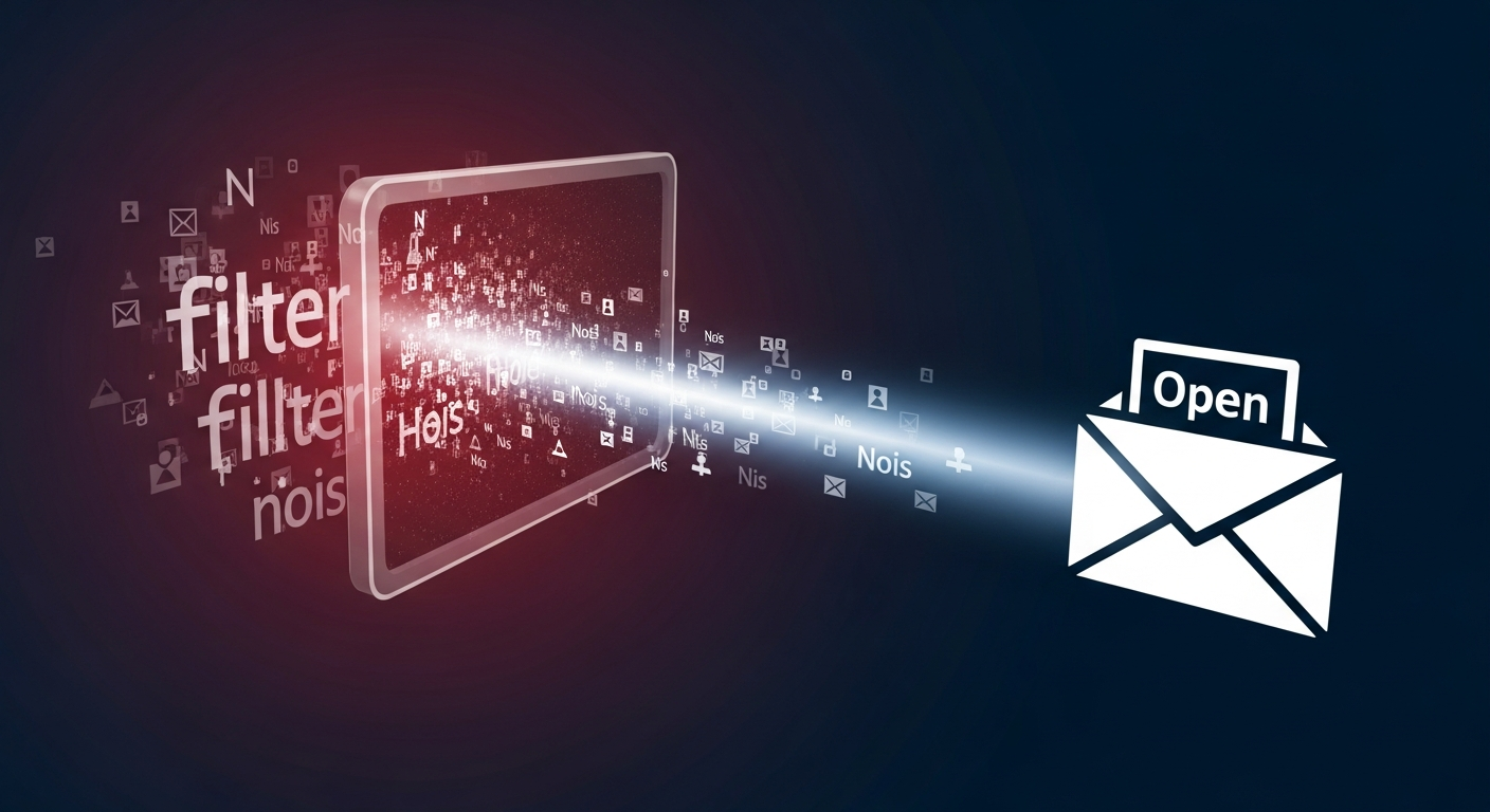 Illustration of a direct email connection bypassing social media noise and algorithms, symbolizing owned audience access.