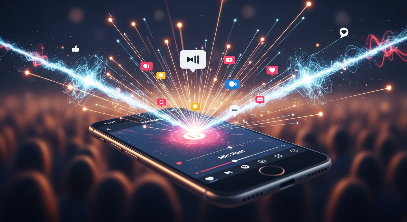 Visualizing viral music Reels strategy with audience engagement and wide digital reach on a smartphone screen.
