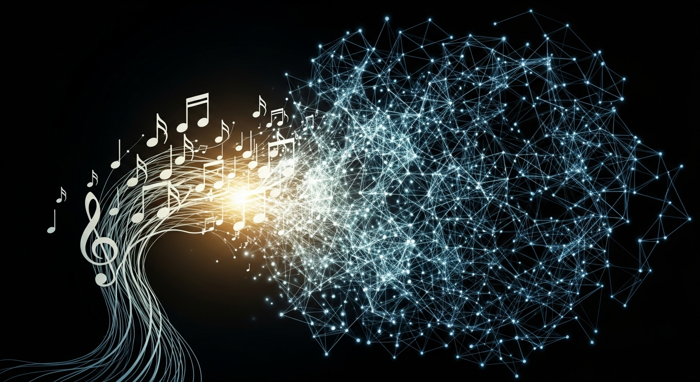 Visual representation of the TikTok algorithm impacting sustainable artist growth and music discovery, showing interconnected digital pathways.