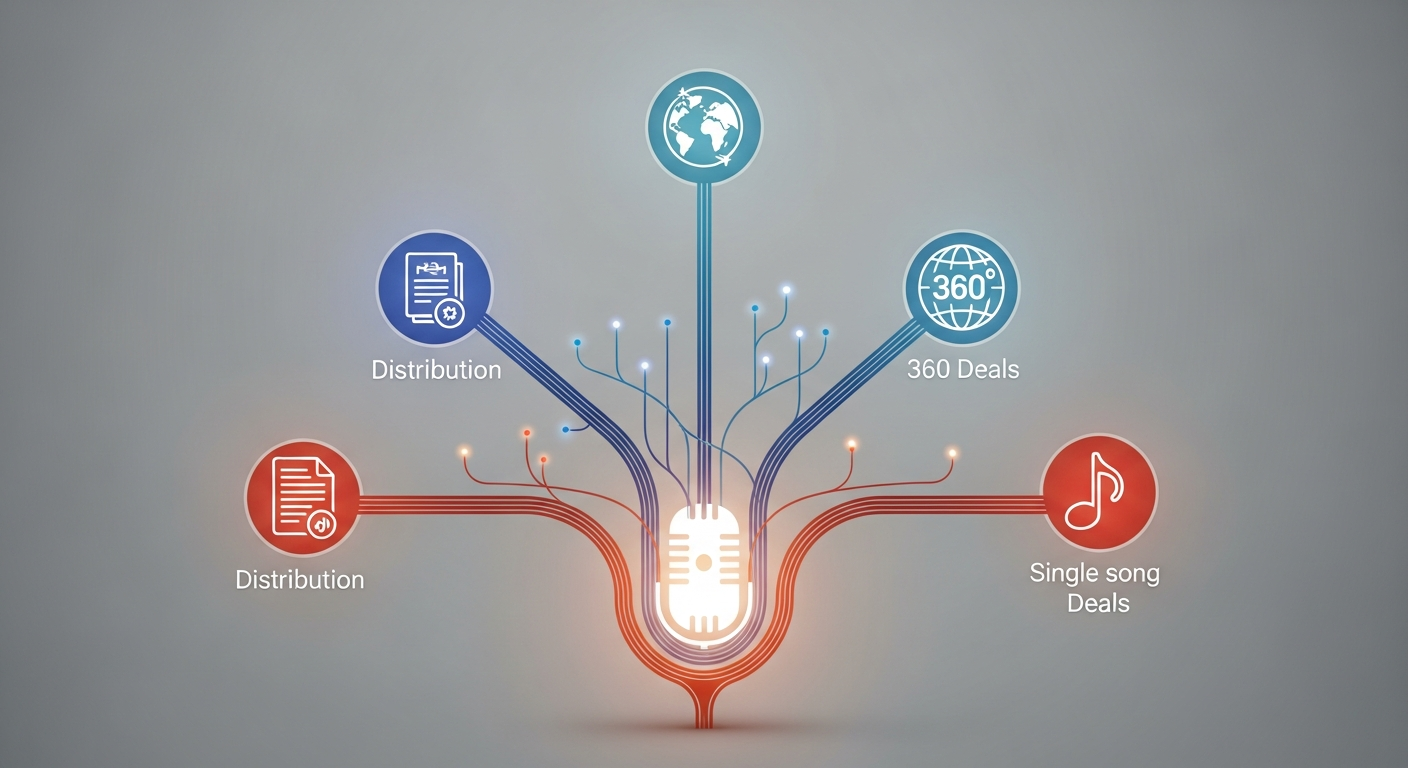 Visual representation of various types of music contracts for independent artists, including distribution agreements, 360 deals, and exclusive vs. non-exclusive options.