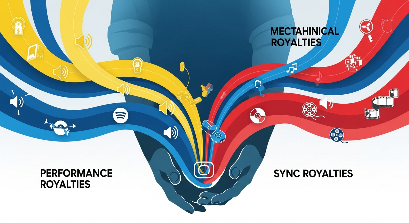 Visual representation of various music publishing royalties, including songwriting royalties, flowing to an independent artist.