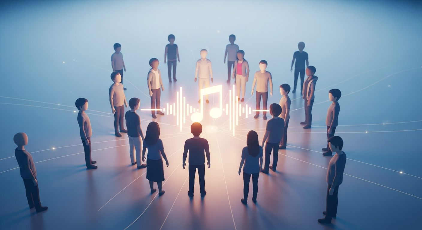 Diverse online avatars connecting around music, illustrating community-first engagement for indie artists on Reddit.