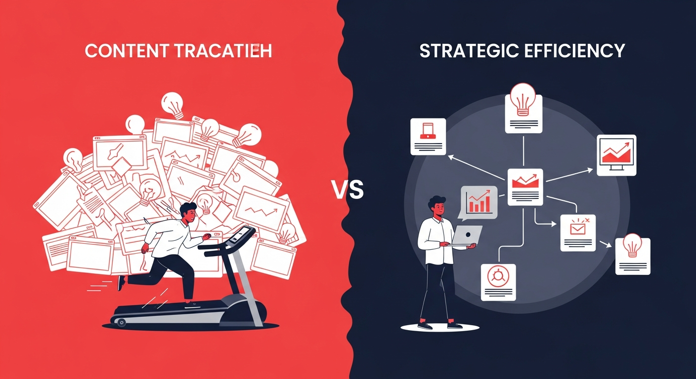 Illustration contrasting the 'content treadmill' of endless content creation with the strategic efficiency of content repurposing, showing a shift from exhaustion to empowered content management.