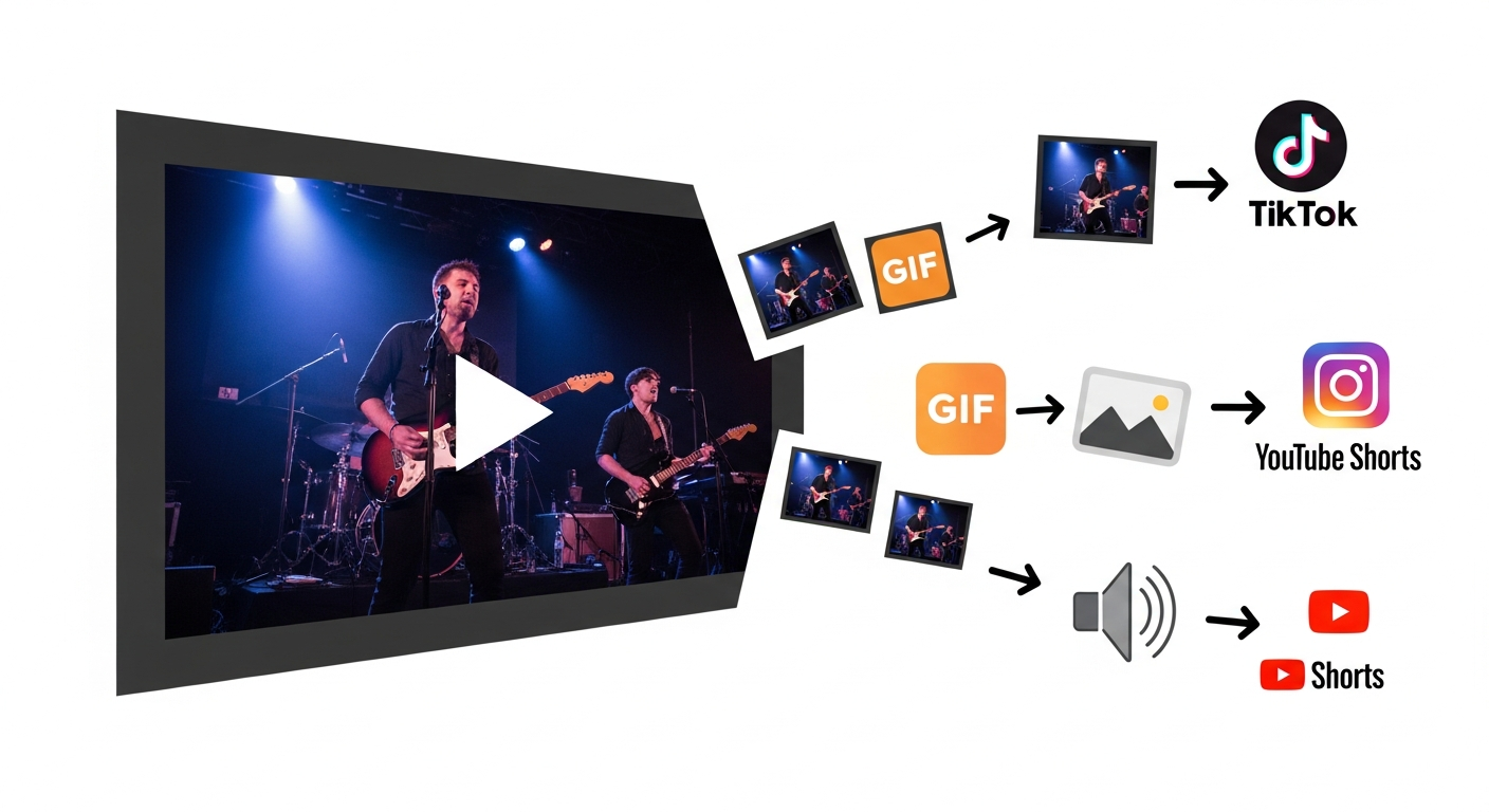 Visual representation of breaking down a music video into multiple social media content formats