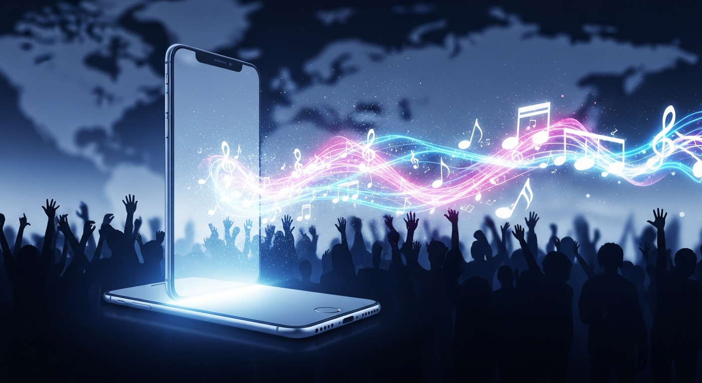 Conceptual image showing short-form video's power for music promotion, with a smartphone screen radiating musical notes and audience engagement.
