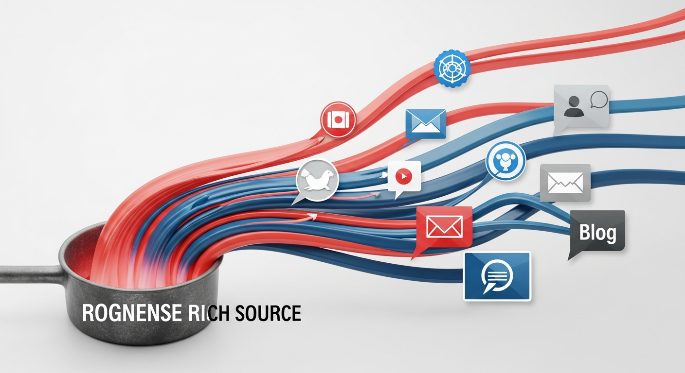 A visual representation of content repurposing, showing one source material expanding into many different content formats.