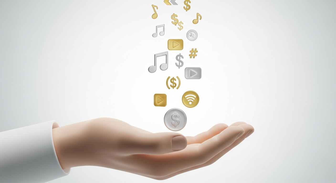 Conceptual image of an independent artist's hand collecting various music royalties, including performance, mechanical, and sync, symbolizing direct income and ownership.