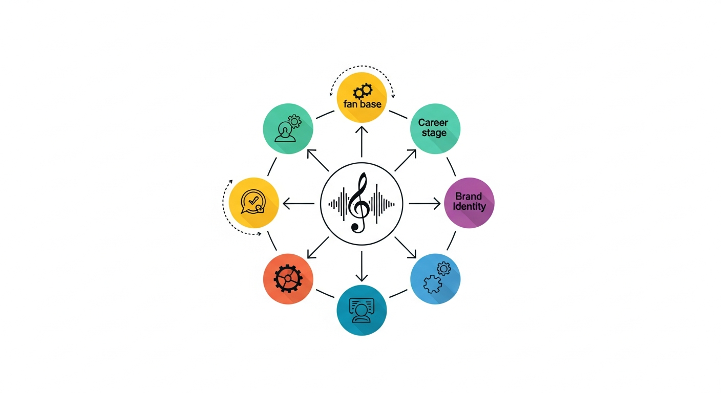 Conceptual illustration of a musician merchandise strategy, focusing on brand identity and fan base assessment.