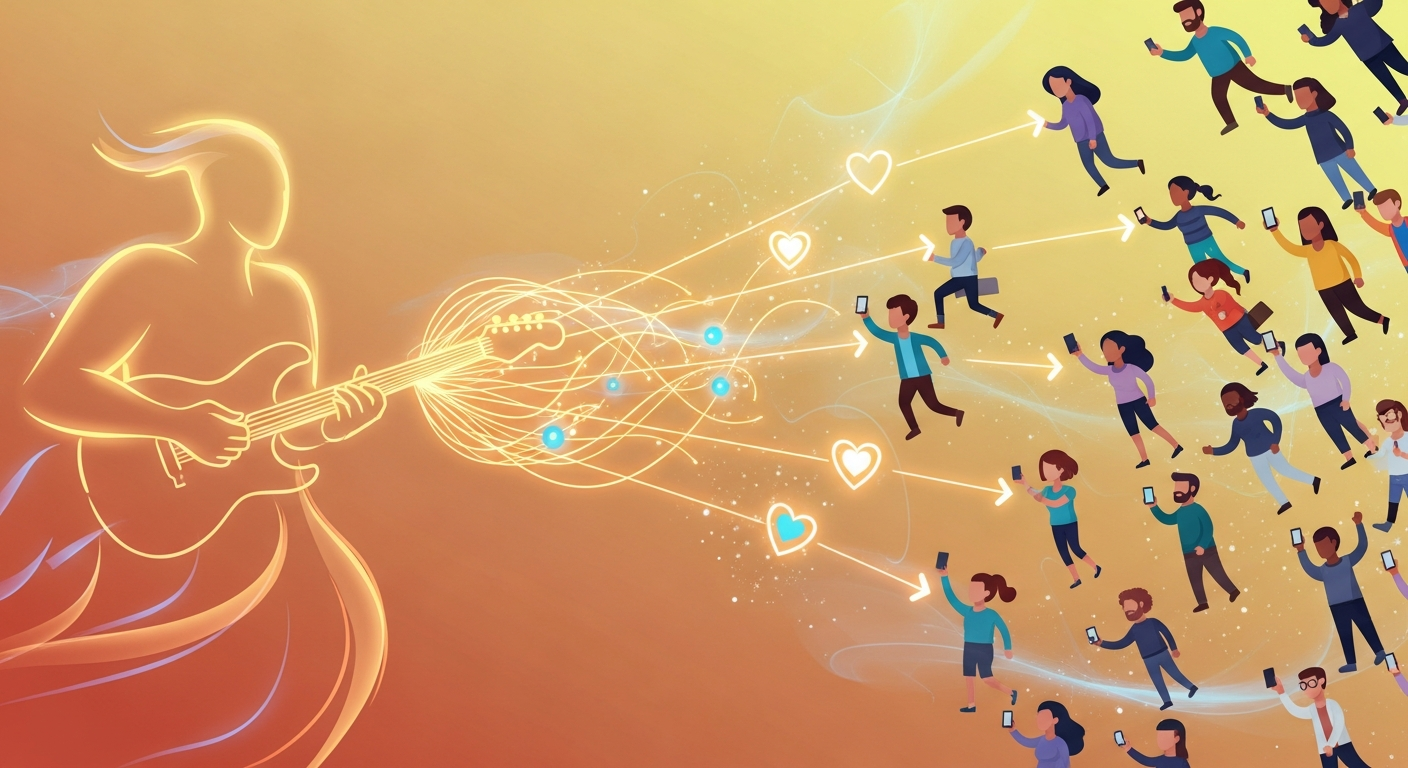 Visual representation of direct-to-fan music sales and engagement, showing an artist connecting directly with their audience online.