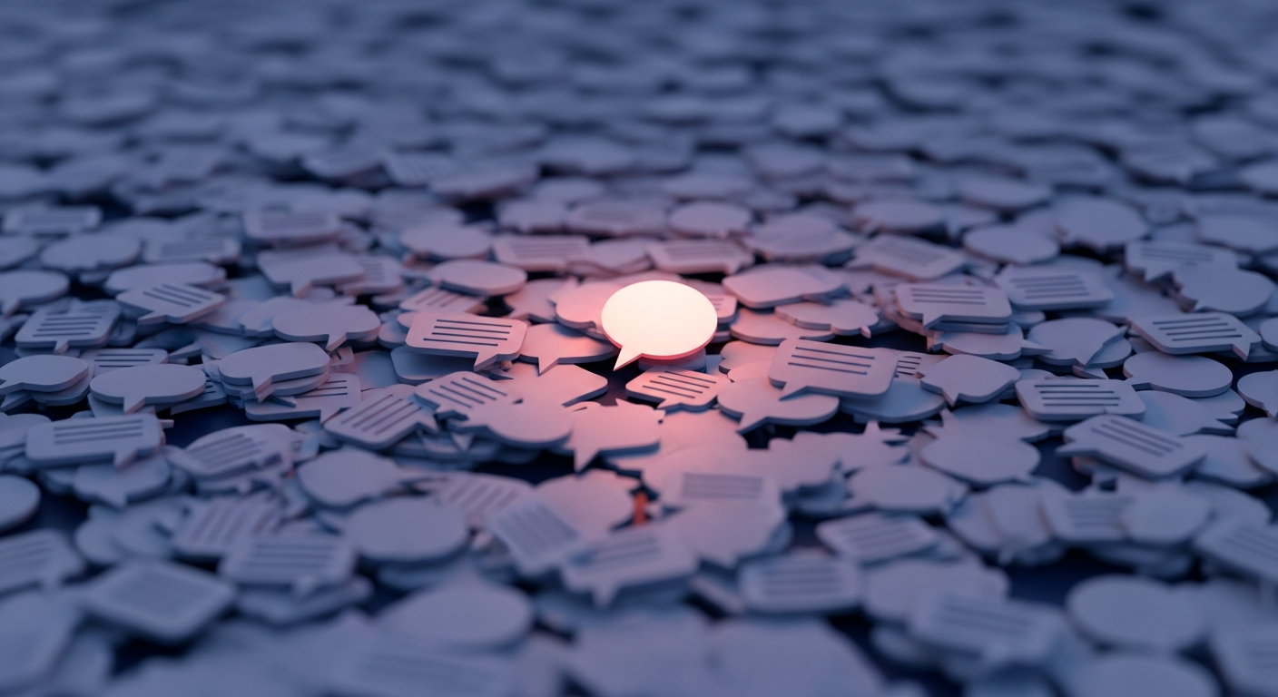 A founder's message blending into a generic online crowd, illustrating the cost of not standing out.