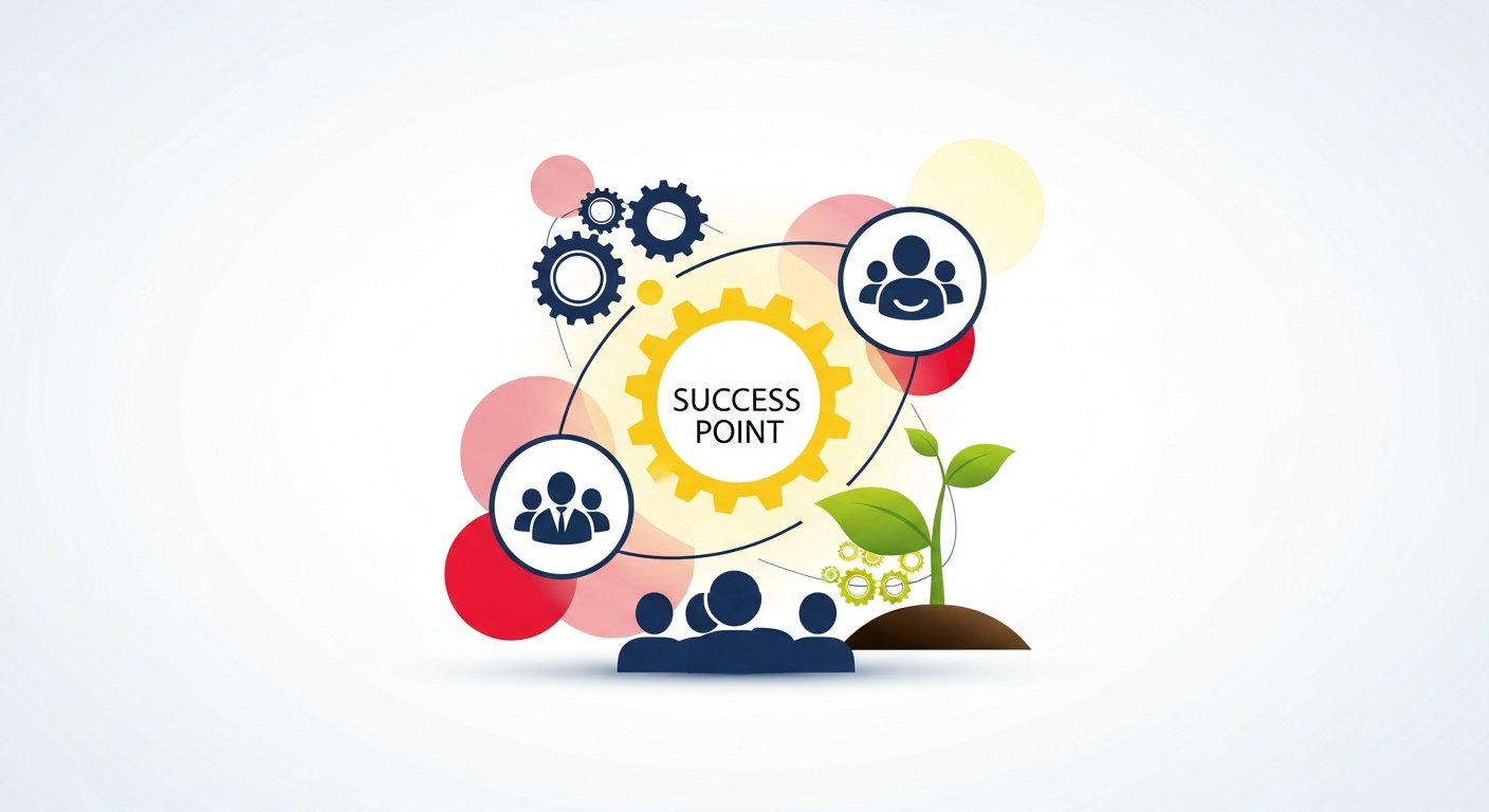 Illustration showing a holistic view of small business success, including operations, customer satisfaction, and team growth.