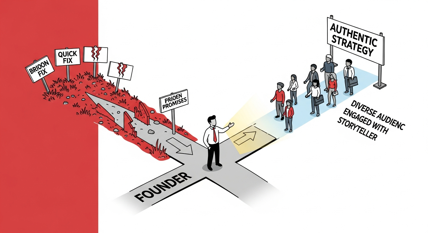 A founder choosing a clear path of authentic marketing strategy over a misleading path of quick fixes and broken promises.