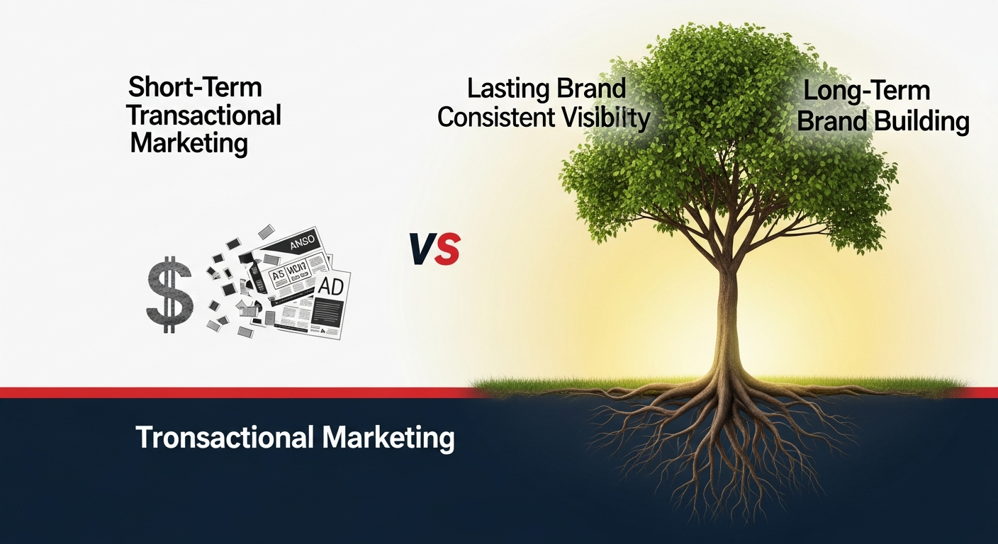 Illustration contrasting fleeting local ads (fading dollar sign) with sustainable brand growth (deep-rooted tree).