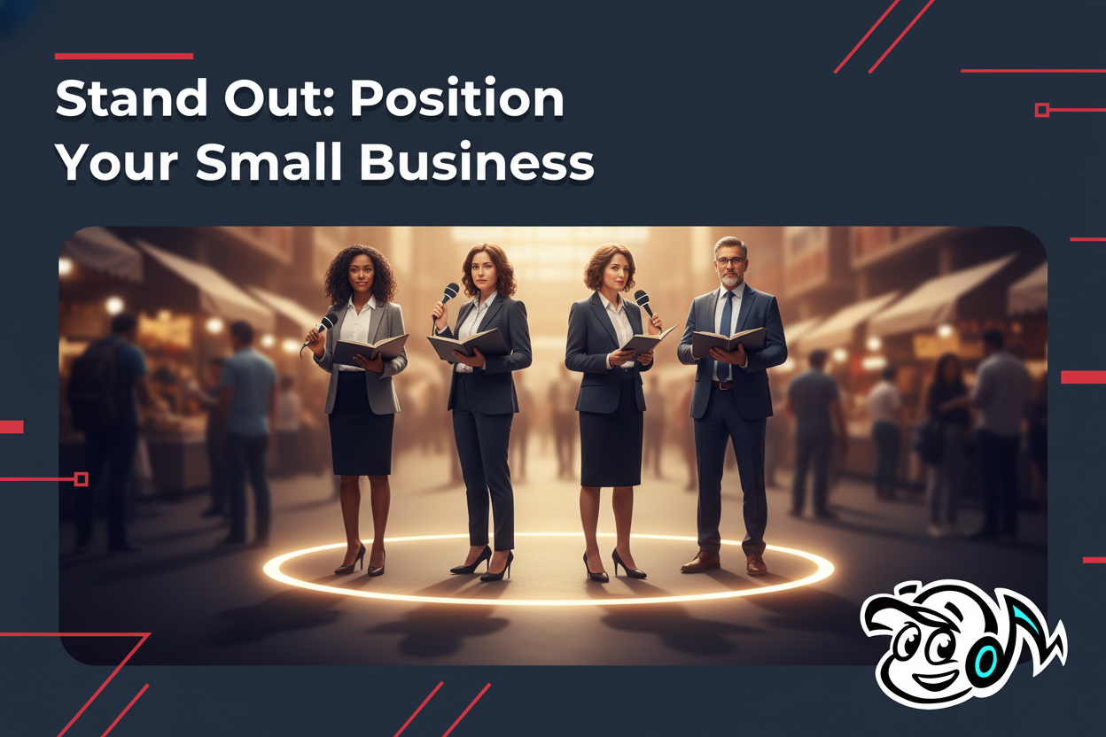 Small business owners and consultants standing out on a platform, symbolizing effective market positioning and differentiation strategy.