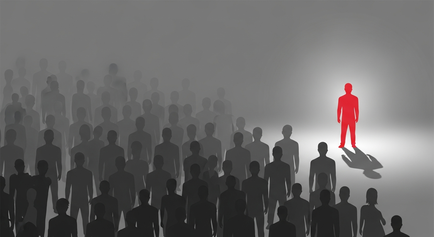 Illustration showing a distinct, highlighted figure standing out from a crowd of blending-in, generic figures, representing the importance of clear market positioning for small businesses.
