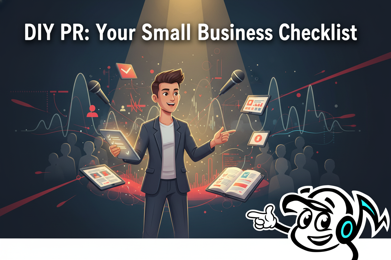 Small business owner reviewing a PR checklist, surrounded by media icons and digital tools, symbolizing strategic public relations for growth.