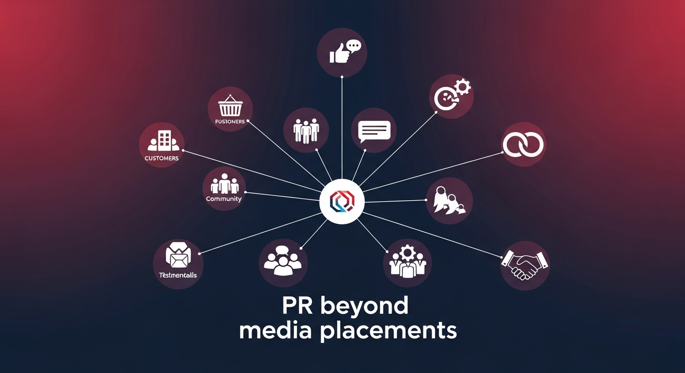 Illustration showing a small business's PR strategy as a network of relationships and diverse communication channels, extending beyond just media headlines.