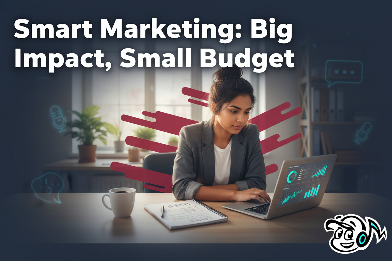 A small business owner strategizing affordable marketing on a laptop, surrounded by notes and a coffee, symbolizing resourceful growth.
