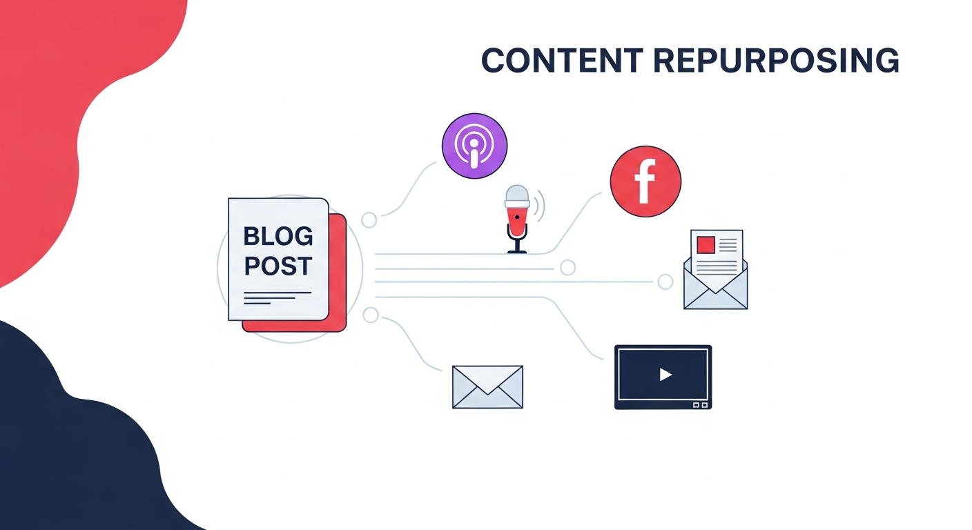 Diagram showing a blog post being repurposed into multiple formats like podcasts, social media, and email newsletters, illustrating efficient content marketing.