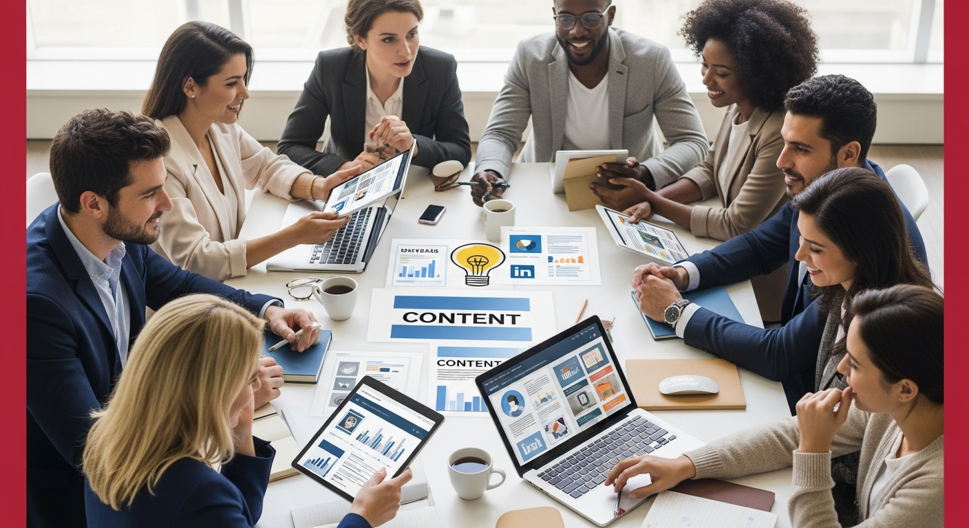 Small business owners and consultants collaboratively brainstorming LinkedIn content strategies and ideas for increased reach.