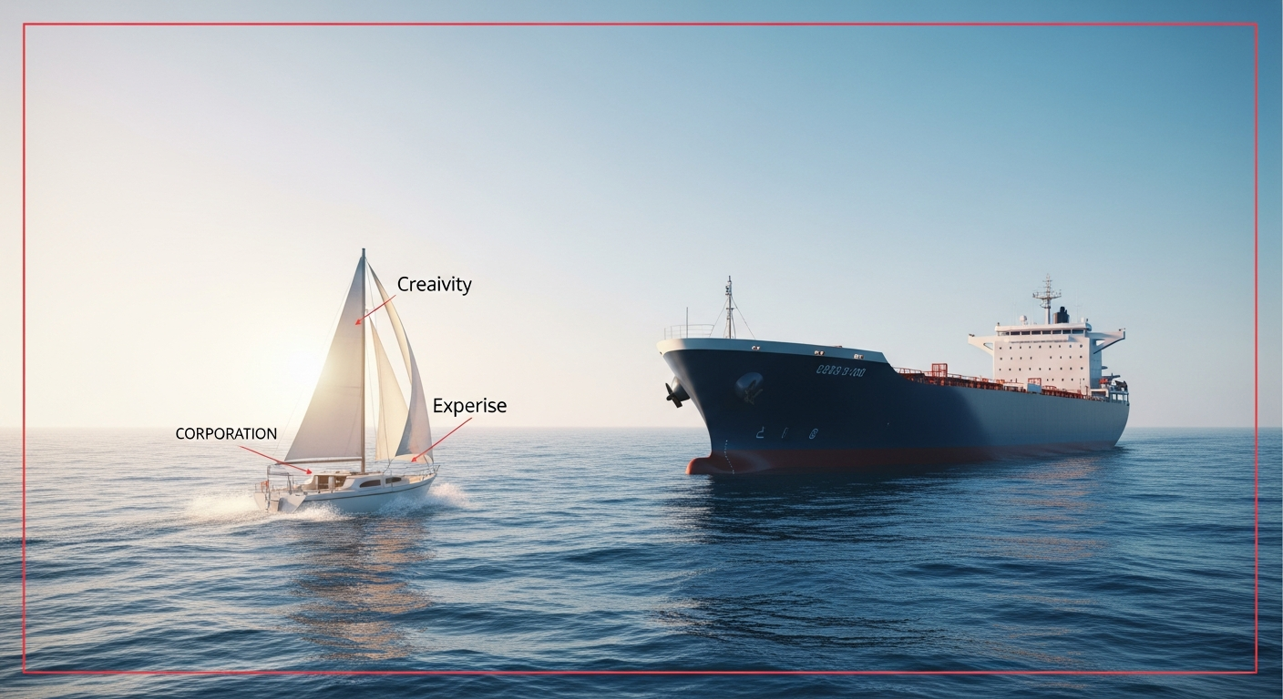 A small, agile boat outmaneuvering a large ship, symbolizing a small business using clever, budget-friendly strategies to compete with larger corporations.