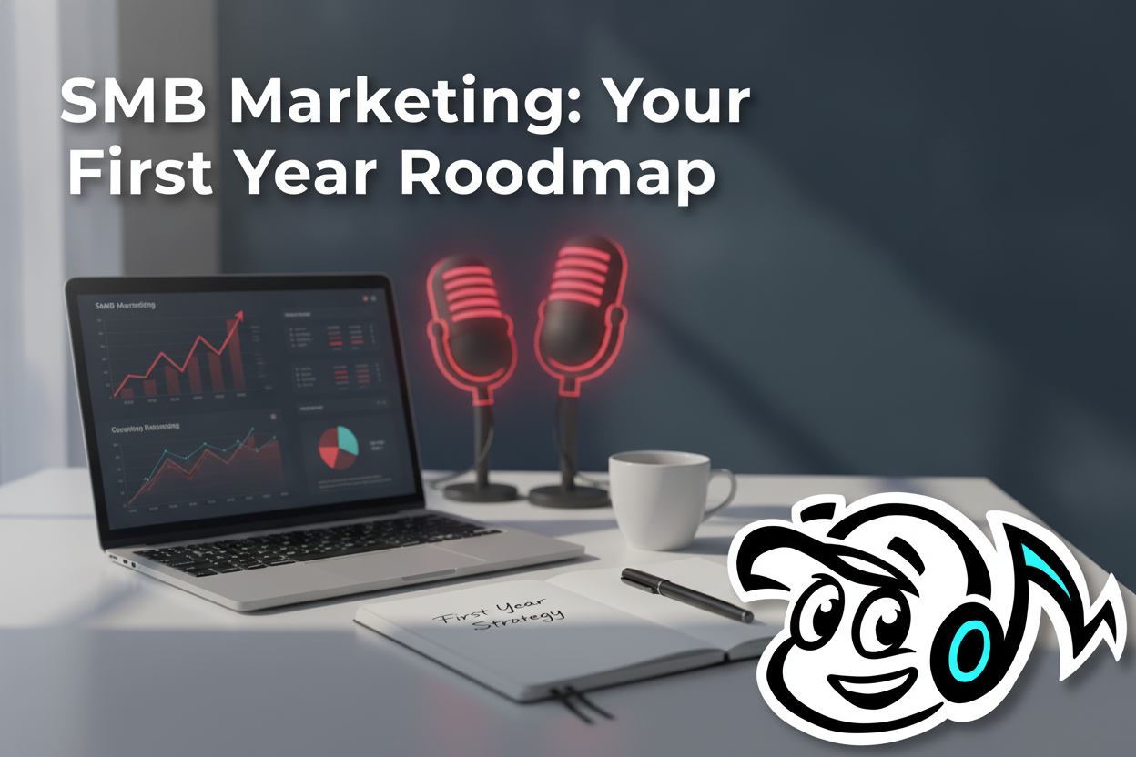 Laptop showing marketing benchmarks and growth charts for an SMB's first year strategy, with a notepad and coffee.