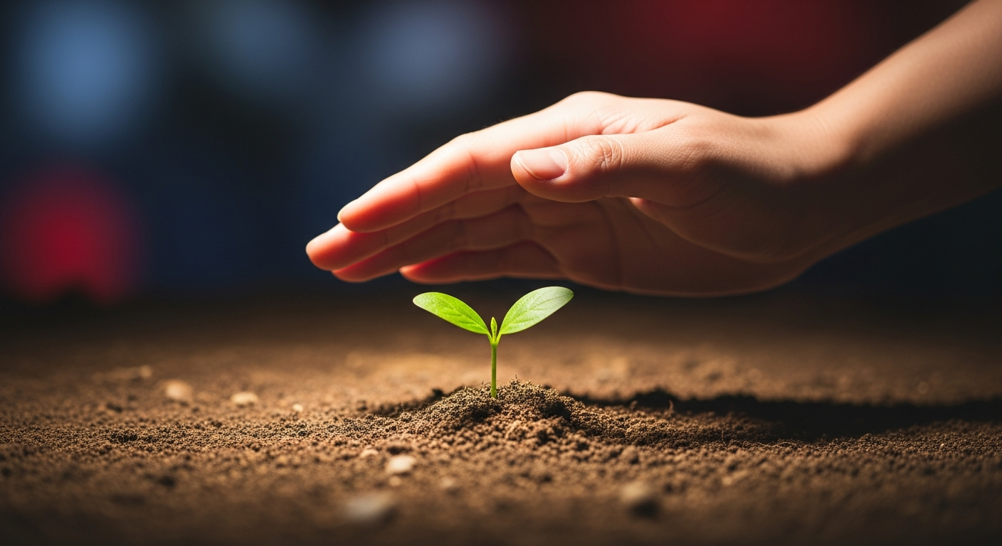 A seedling growing from the soil, symbolizing foundational growth and nurturing a small business marketing strategy.