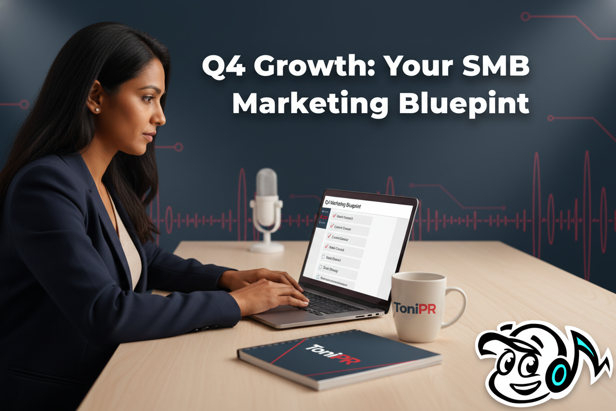 Small business owner reviewing a Q4 marketing checklist on a laptop, symbolizing strategic planning for growth.