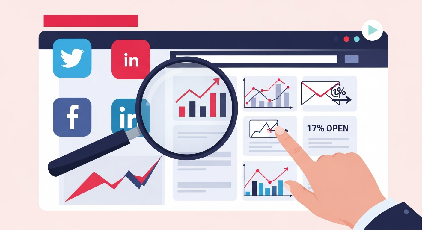 Magnifying glass over a marketing dashboard, symbolizing the audit of a small business's Q4 marketing strategy.