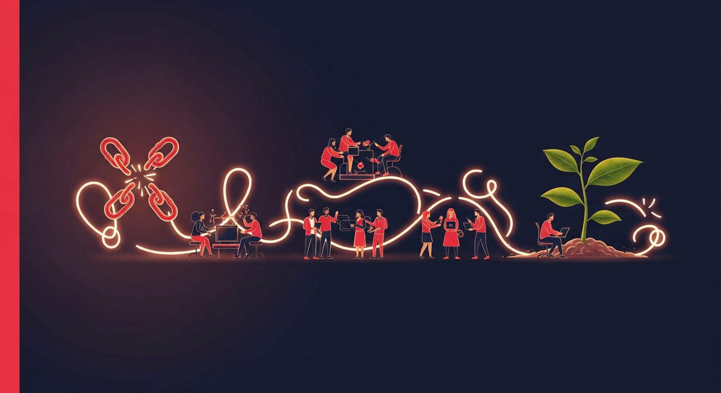 An illustration depicting a narrative thread connecting a social problem, a community, and a solution, symbolizing the power of storytelling for mission-driven organizations.